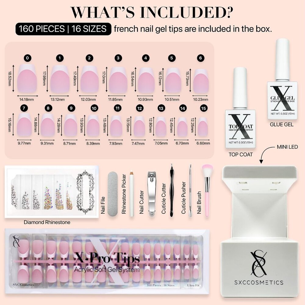 Cosmetics French Tip Press On Nails Pink Series, Small Coffin X-Pro Tips Starter - Picture 3 of 9